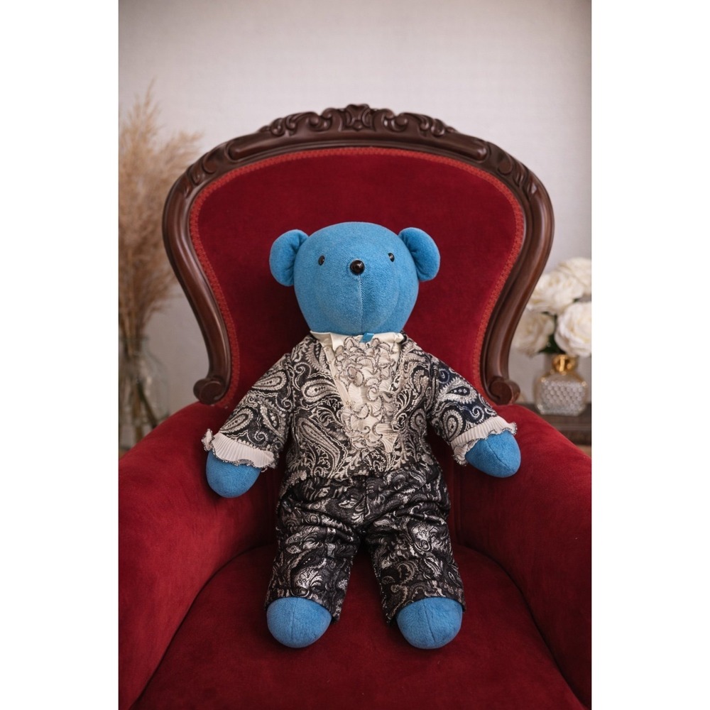 Liberace Collectible Teddy Bear Blue Plush Ornate Black Silver Brocade Suit